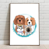 Custom Cartoony Handdrawn Pets Portrait in Colorful Circle - With all of your pets! - Adventures of Rubi